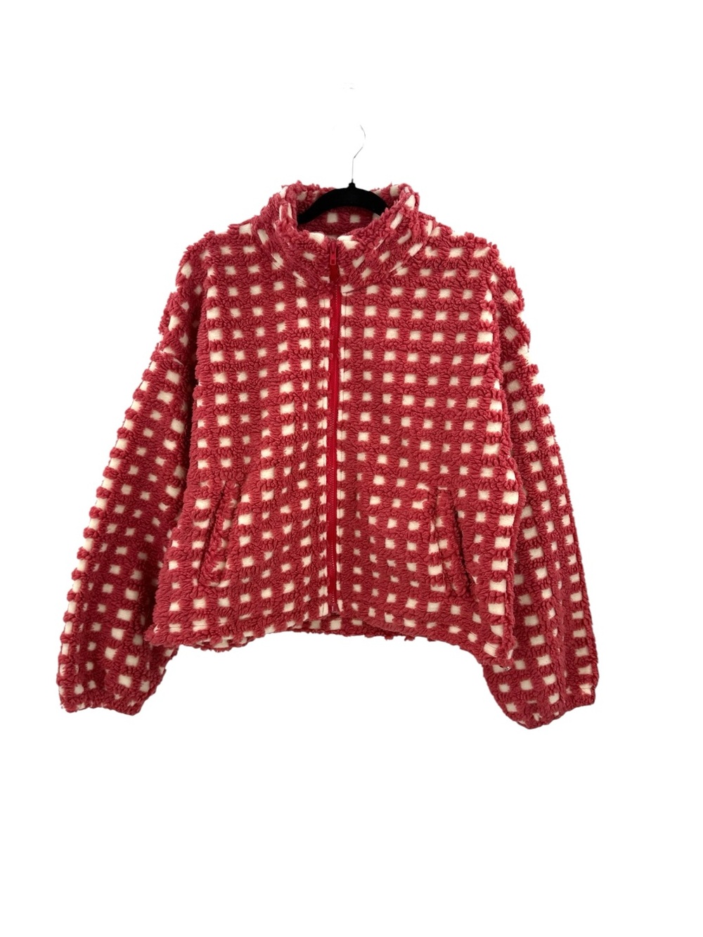 Textured Grid Checkered Sherpa Zip Jacket Pink Cream Oversized Cozy Cropped, L - Picture 4 of 15